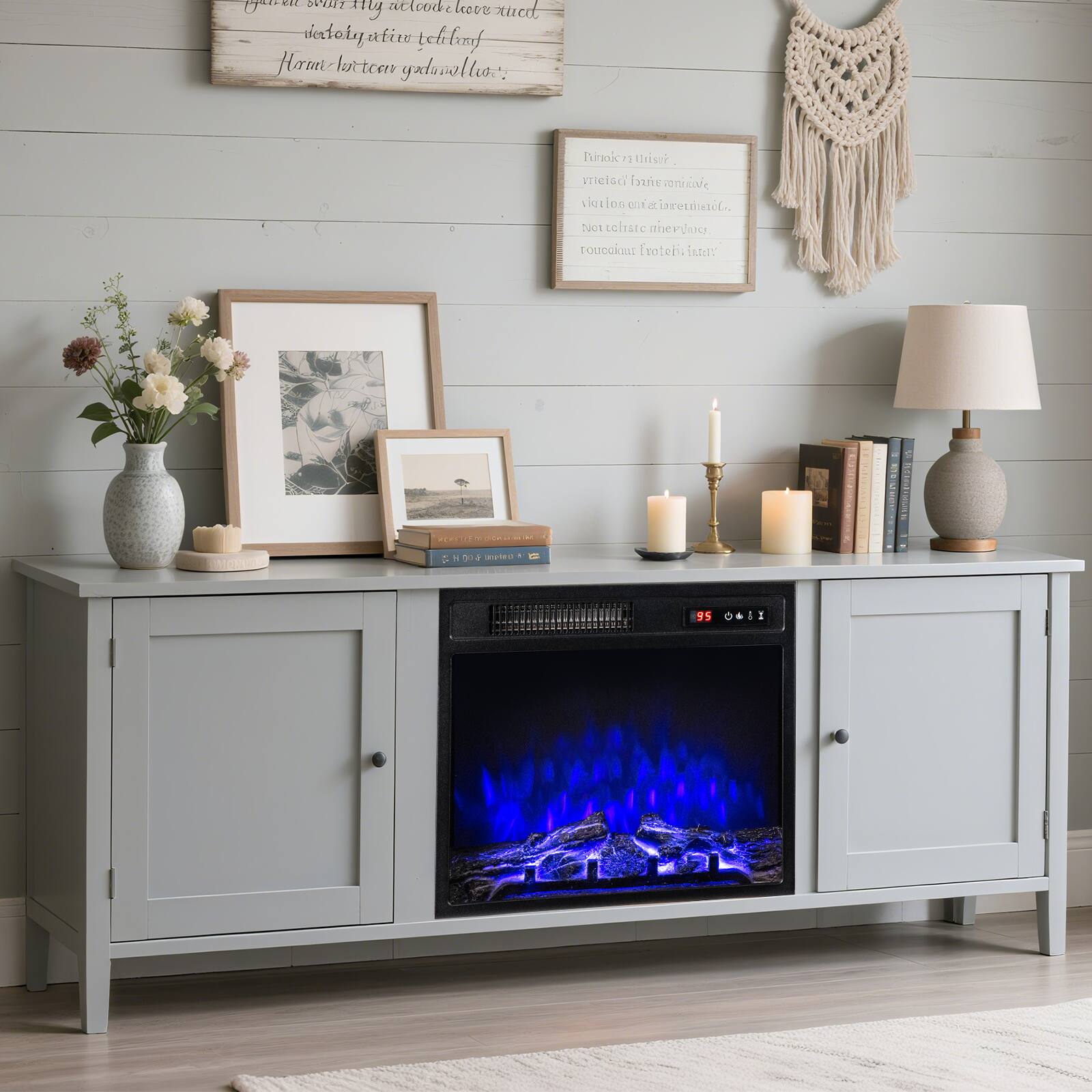 Sure, here is the corrected text from the image:

**Top Left:**
"God is my refuge and strength, a very present help in trouble. Therefore I will not fear, though the earth give way and though the mountains be removed into the heart of the sea, though its waters roar and foam and the mountains quake with their surging."

**Top Center:**
"Pray for us, St. Joseph. Pray for us, St. Joseph. Protect us from the evil one. May we be made worthy of the promises of Christ."

**Top Right:**
"Home is where the heart is."

**Bottom Center:**
"95" (Temperature display on the fireplace)