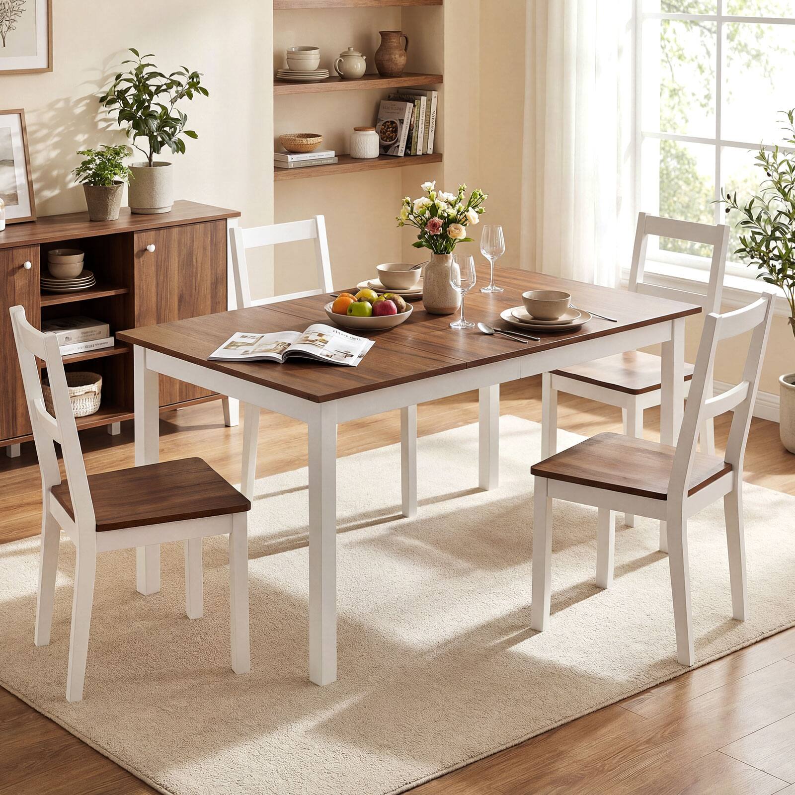 Alt View 3. Gymax - Gymax 60'' Rectangular Dinner Table w/Solid Rubber Wood Legs for Kitchen Dining Room Brown & White - Brown.