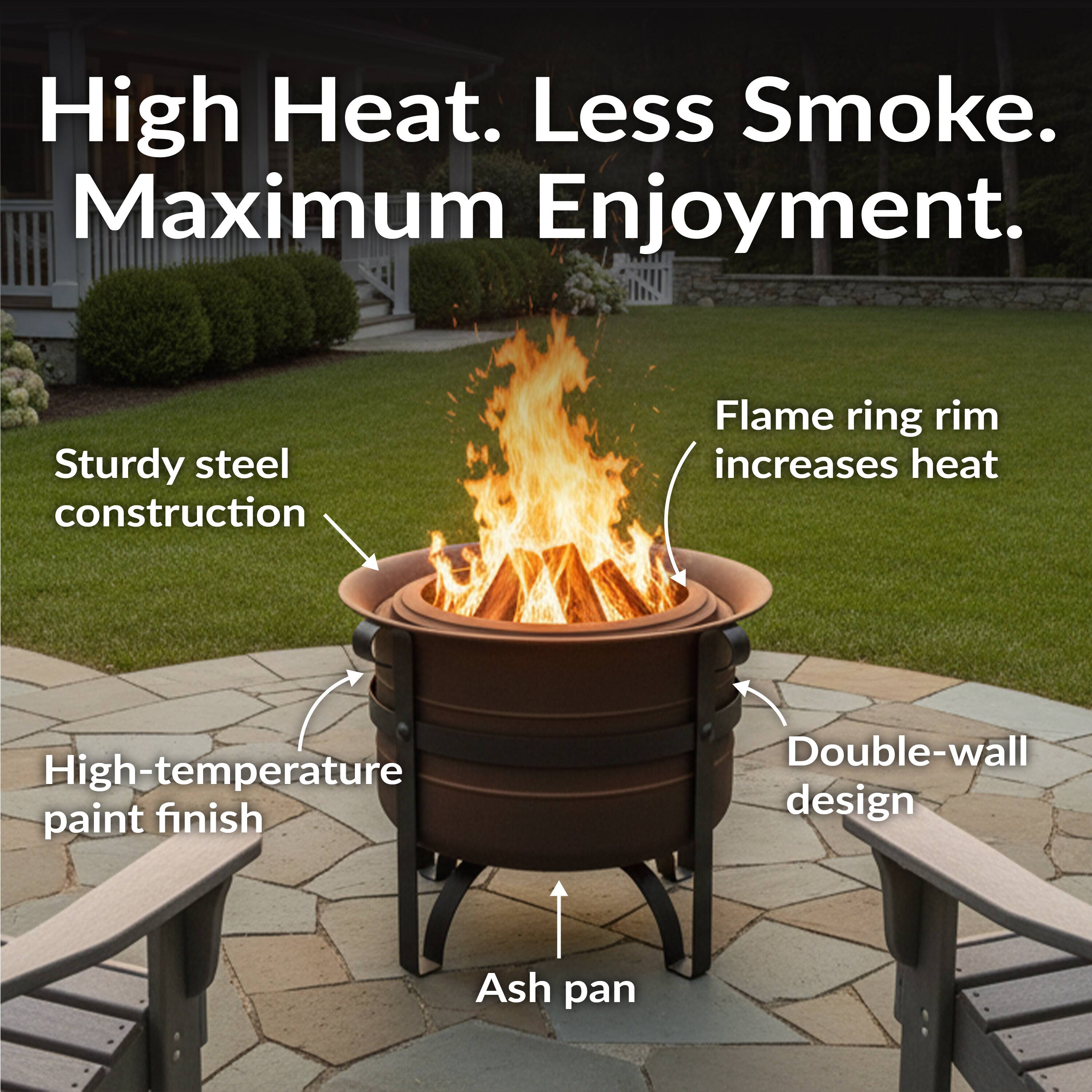High Heat. Less Smoke. Maximum Enjoyment.

- Sturdy steel construction
- Flame ring rim increases heat
- High-temperature paint finish
- Double-wall design
- Ash pan