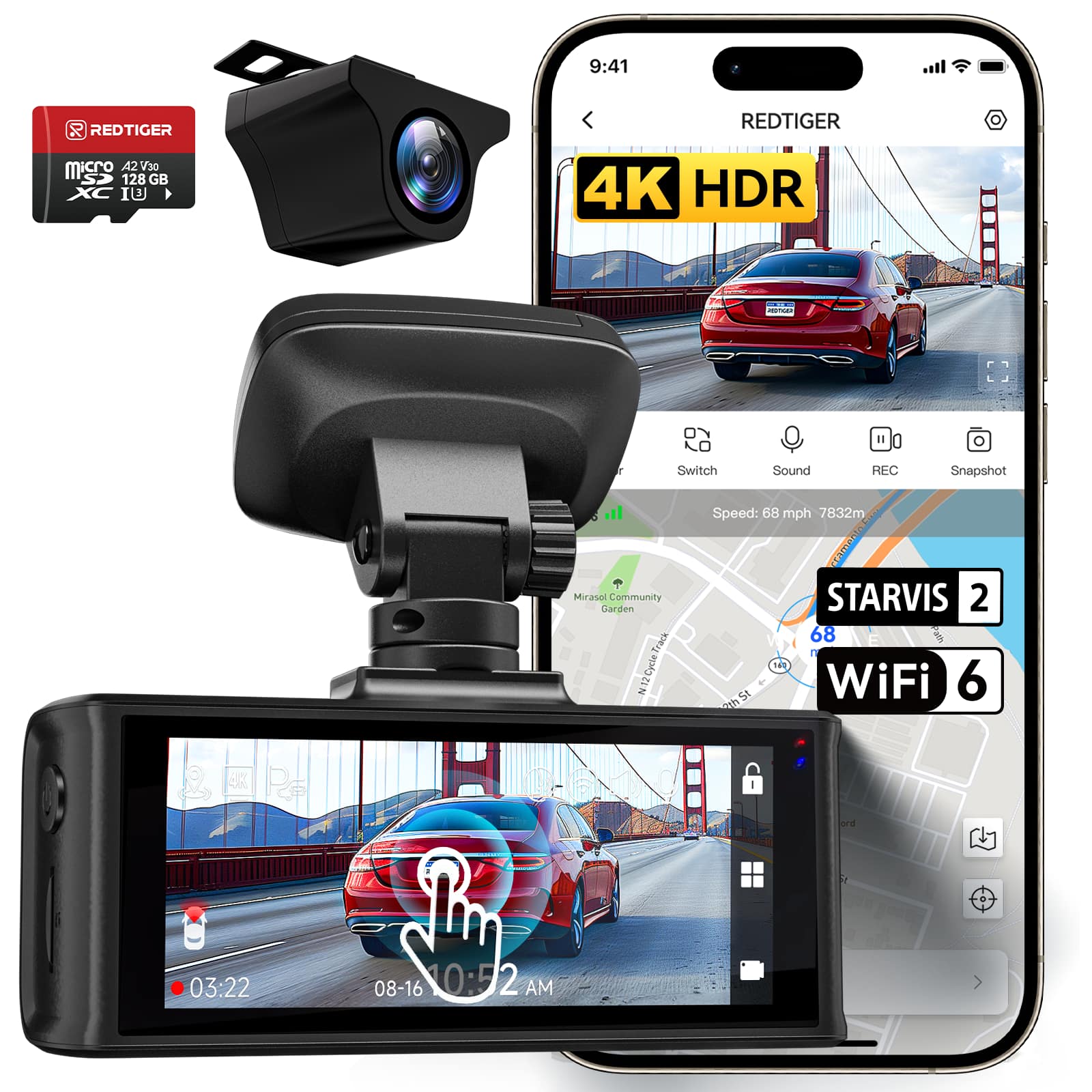 REDTIGER - 4K HDR Dash Cam Front and Rear, 5.8GHz WiFi APP, 3.18" Touchscreen, Voice Control, 128G， WDR, GPS