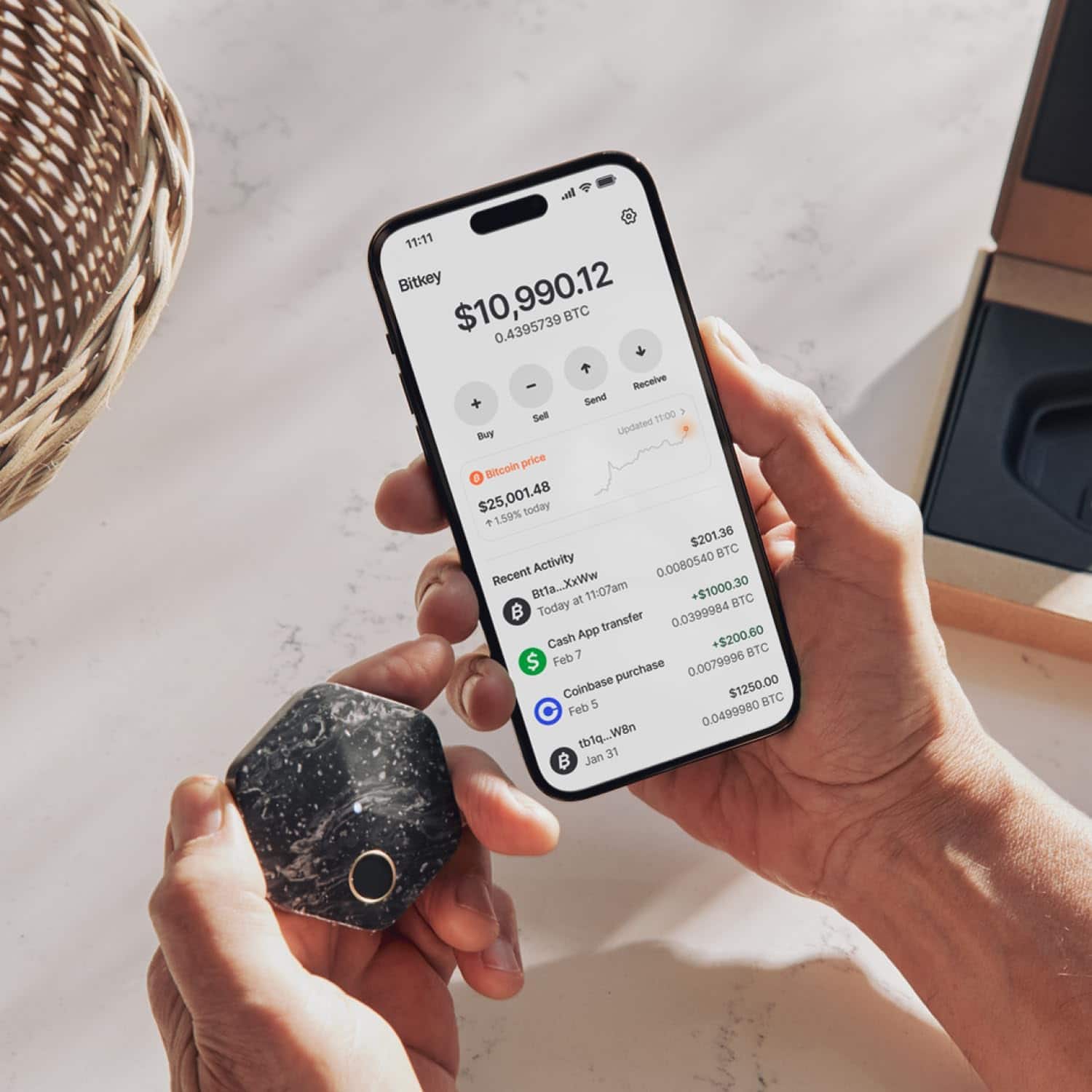 Bitkey
$10,990.12
0.4395739 BTC
Bitcoin price $25,001.48
+15.9% today
Recent Activity
- Btta...XxWw at 11:07am
+$1000.30
0.0080540 BTC
- Cash App transfer
+$200.60
0.0399984 BTC
- Coinbase purchase
$1250.00
0.0499980 BTC
- tblq...W8n
0.0079996 BTC
- Jan 31
Send
Receive
Updated 11:00