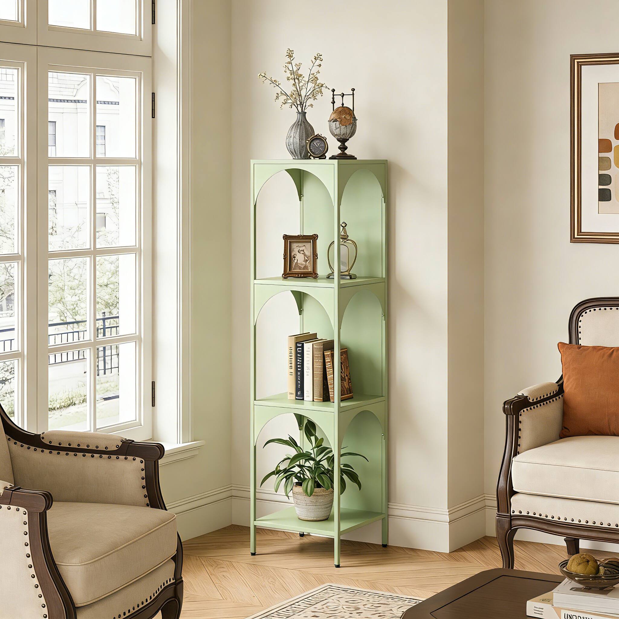 Back. Malletson - 4-Tier Corner Display Shelf, Modern Green Metal Storage Organizer for Home & Office - Green.