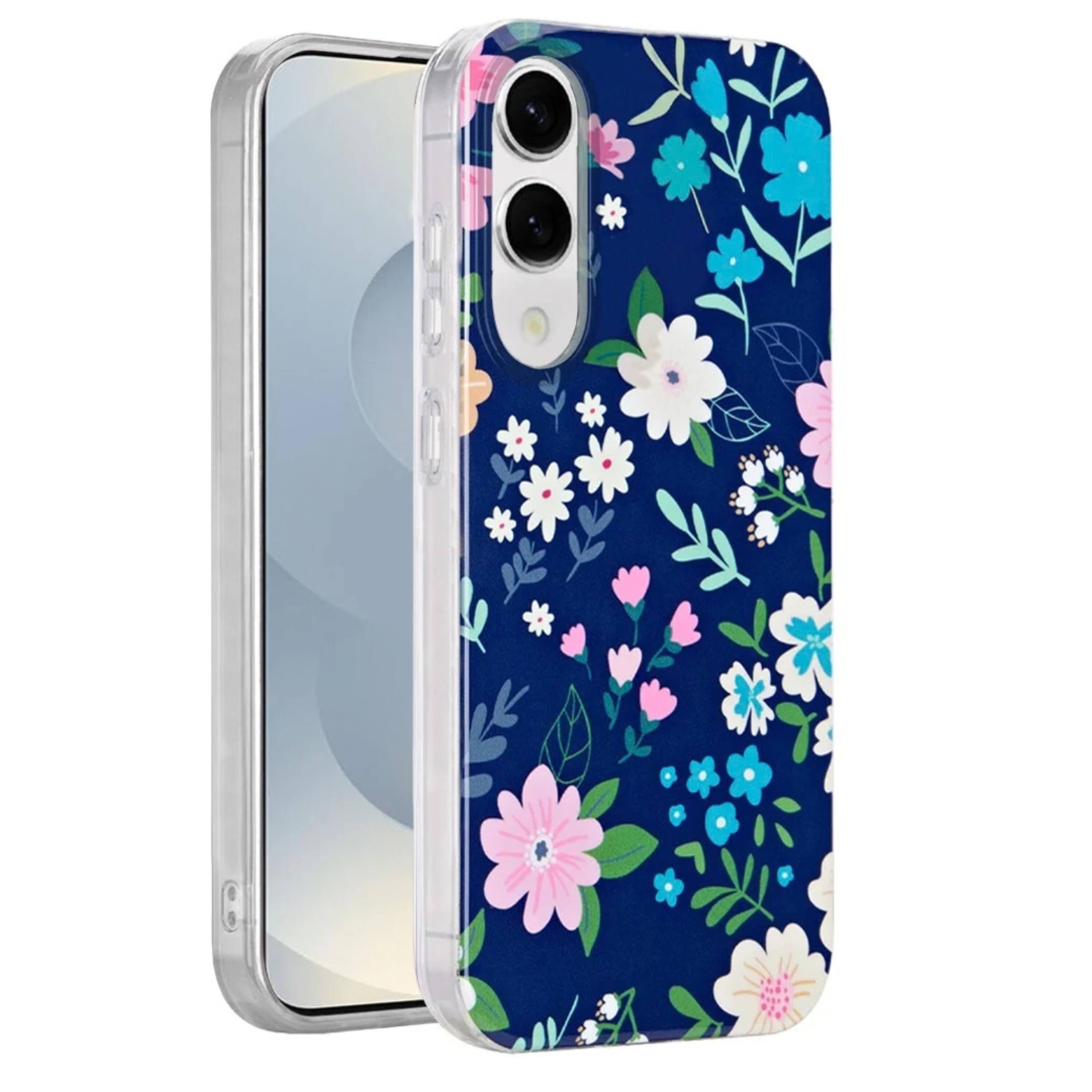 Angle. Kitcheniva - Dual Layer TPU Protective Phone Case With Tempered Glass For Samsung S25 Edge Galaxy Floral - Blue.