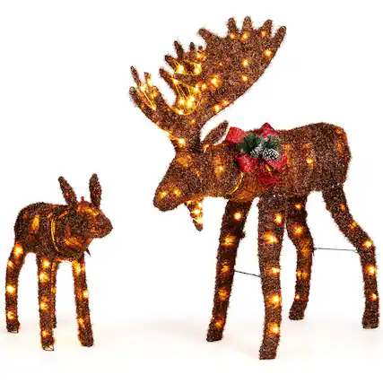 Front. Gymax - Gymax 2 PCS Lighted Moose Family Light-up Xmas Deer Decorations w/ 170 LED Lights - Brown.