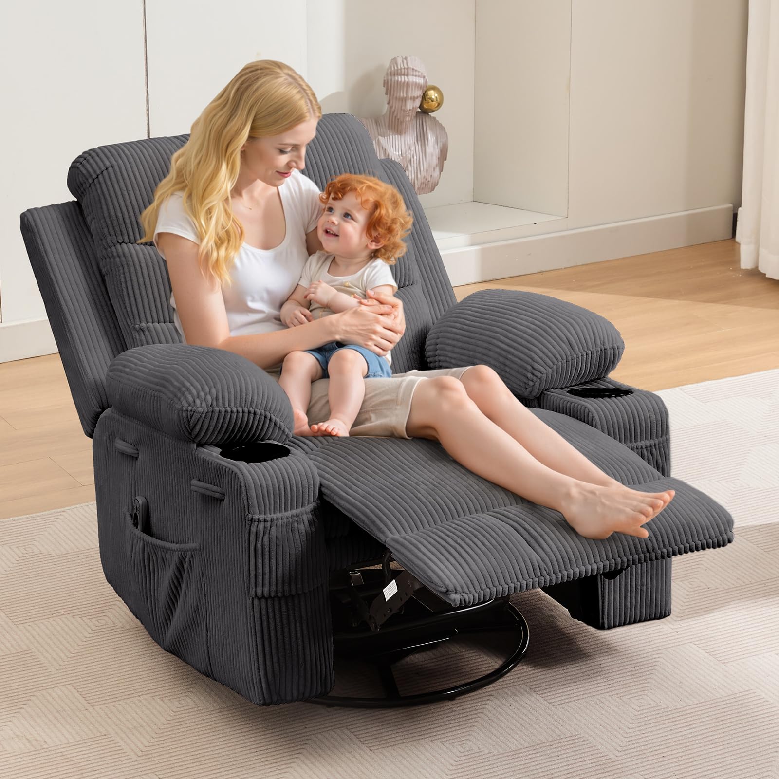 Alt View 5. Jojoka - 37.6" Wide Oversized Manual Recliner with Massage and Heat, Corduroy Swivel Rocker Chair with Cup Holder - Corduroy | Grey.