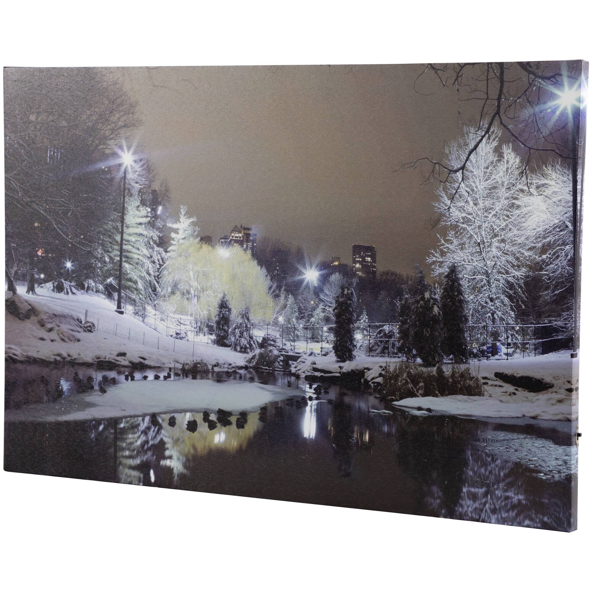 Northlight - LED Lighted Nighttime City Park Winter Scene Canvas Wall Art - 23.5" x 15.75" - Black