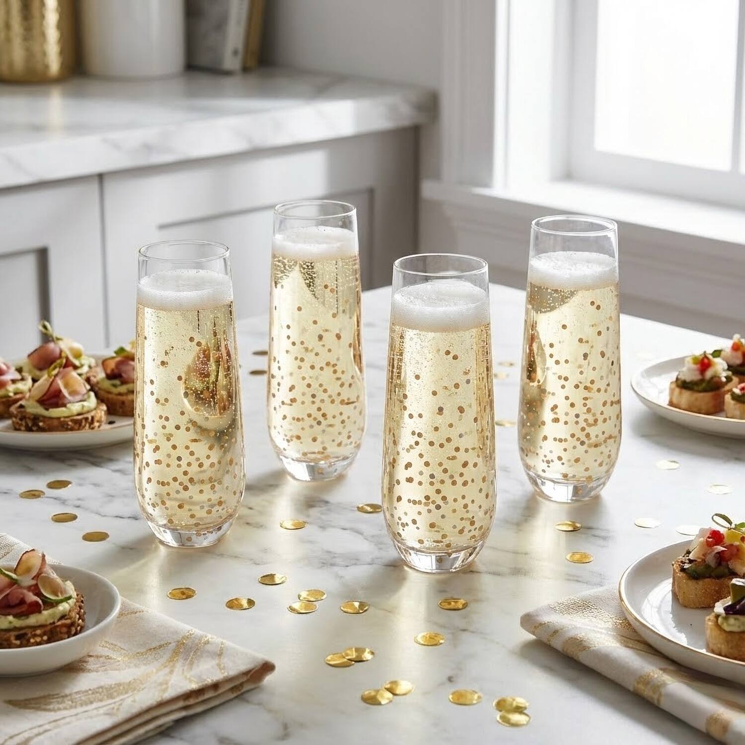 Angle. Jay Import - Set of 4 Black & Gold Confetti Stemless Champagne Flutes (10.5 oz) - Gold.
