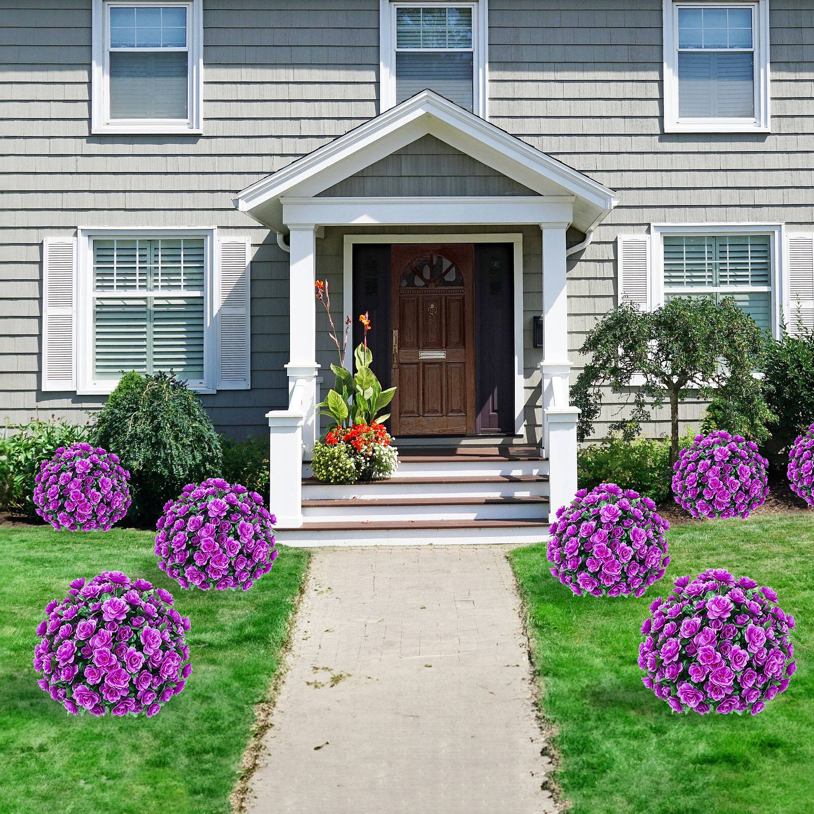 Alt View 4. Oumilen - 2 Pack Artificial Purple Rose Topiary Trees – UV Resistant Outdoor Fake Plants with Stakes, 21.6in for Garden Yard - Purple.