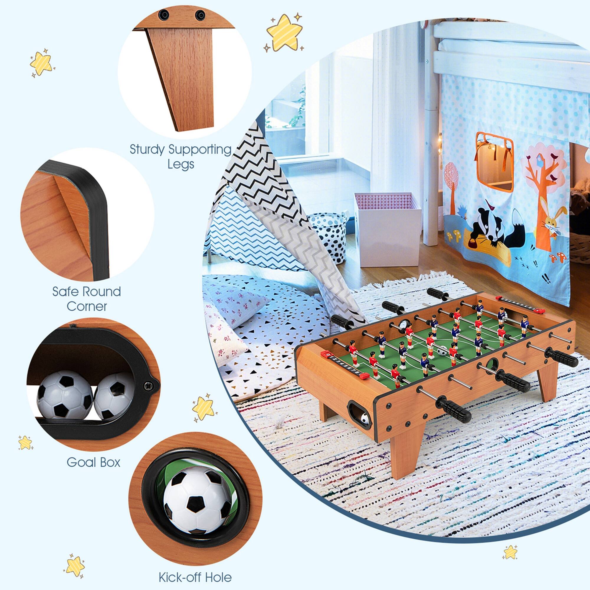 The text on the image is grouped as follows:

1. Sturdy Supporting Legs: These are the legs of the soccer table, providing stability and support.
2. Safe Round Corner: This refers to the rounded corners of the table, which help prevent injuries during play.
3. Goal Box: The goal box is a designated area on the table where the soccer ball must go to score a goal.
4. Kick-off Hole: This is a hole in the table where the soccer ball is placed to start a new play.