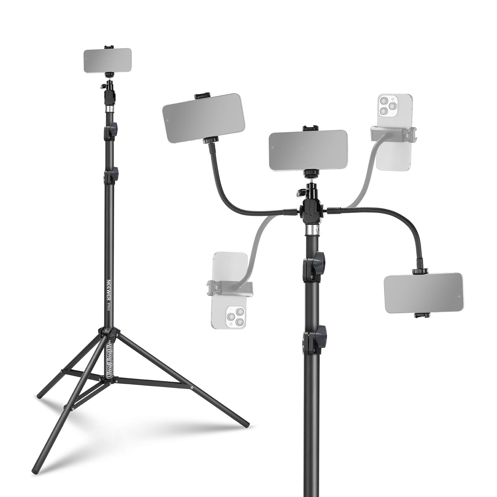 Front. Neewer - Basics Tripod Stand, Dual Flexible Arms, Aluminum - Black.