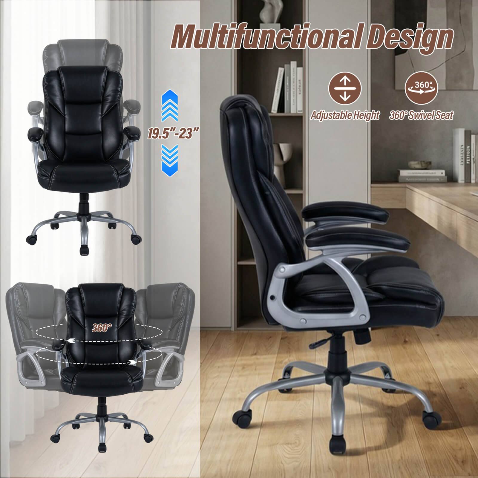 Multifunctional Design  
19.5"-23" Adjustable Height  
360° Swivel Seat