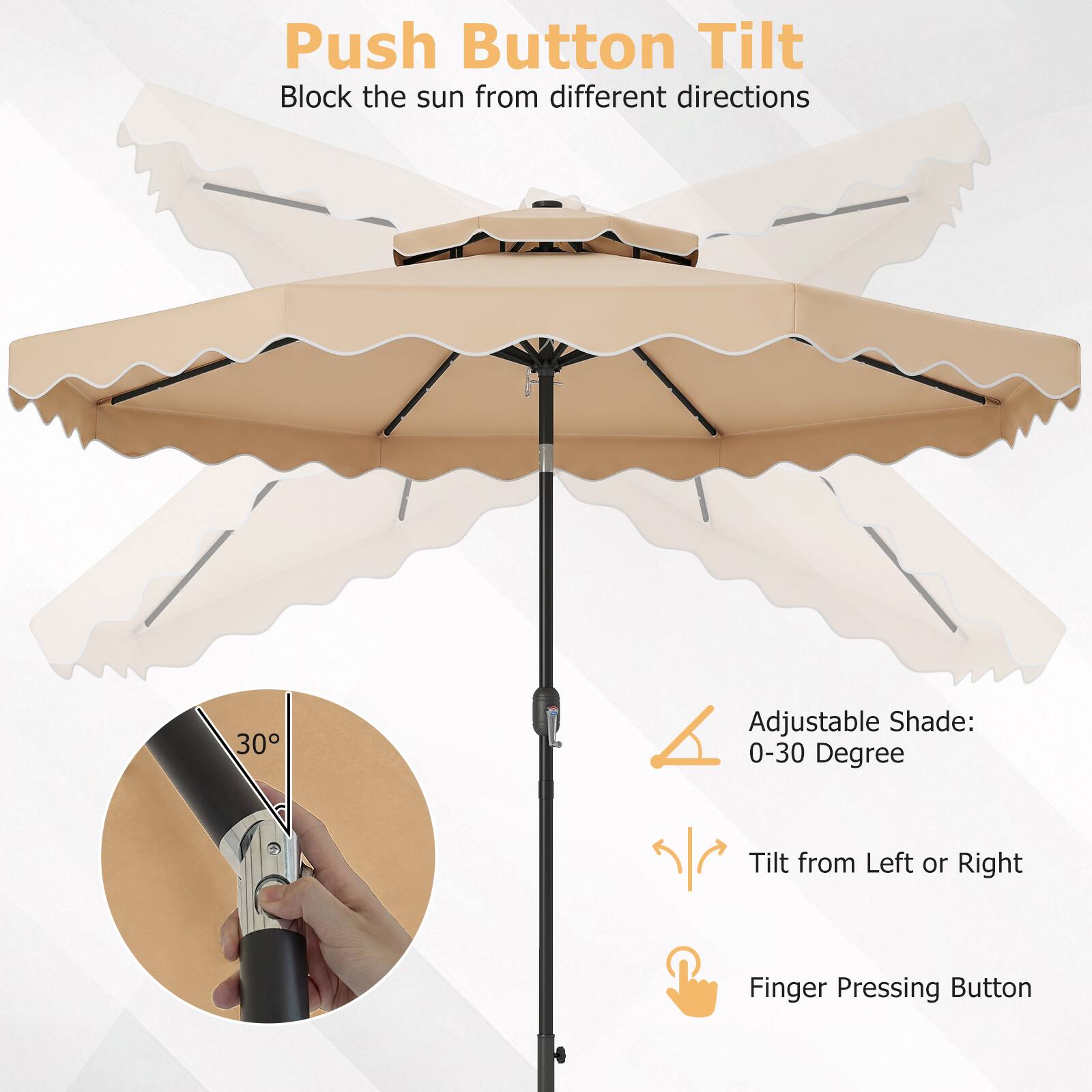 Push Button Tilt  
Block the sun from different directions  

Adjustable Shade: 0-30 Degree  
Tilt from Left or Right  
Finger Pressing Button