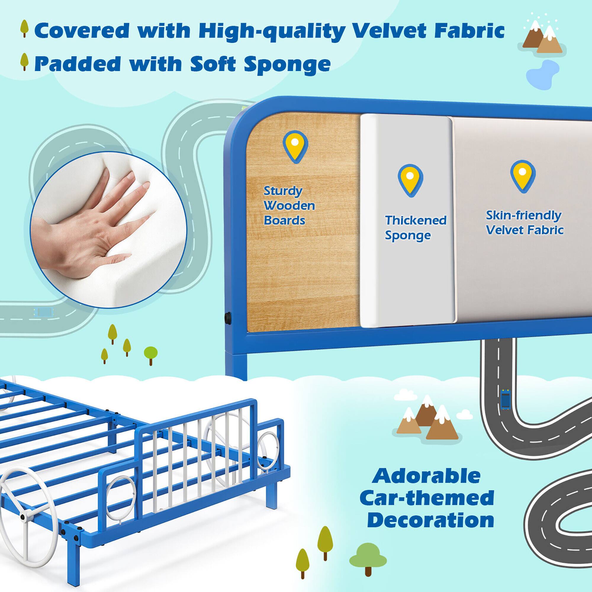 - Covered with High-quality Velvet Fabric
- Padded with Soft Sponge
- Sturdy Wooden Boards
- Thickened Sponge
- Skin-friendly Velvet Fabric
- Adorable Car-themed Decoration