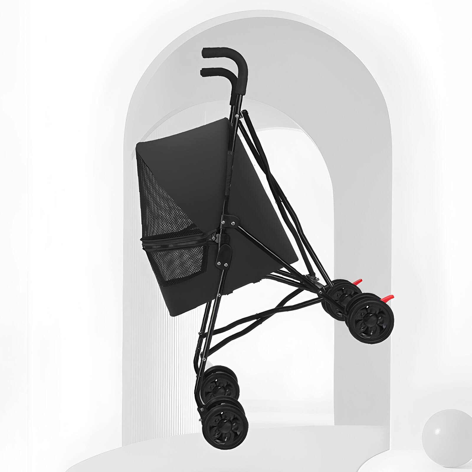 Back. Siljoy - Black Foldable Pet Stroller for Small Dogs & Cats, Lightweight with Mesh Windows & Built-In Cup Holder.