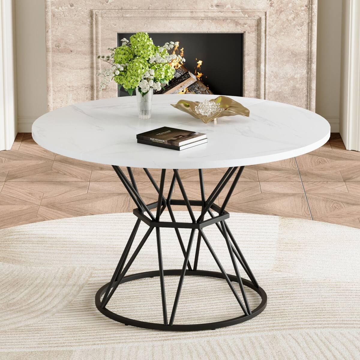 Angle. Loheer - Loheer Round Dining Table with White Marble Pattern Top and Black Metal Base, 47.3-Inch Table for Four to Six - White and black.