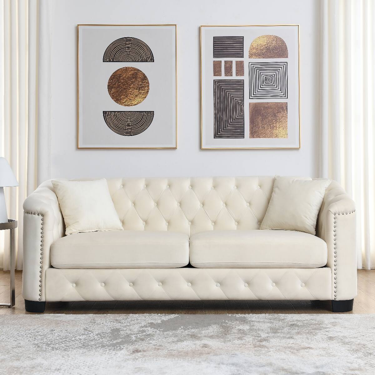Front. Ropilly - Ropilly 77 Inch Velvet Sofa, Beige Chesterfield Sofa with Tufted Back and Nailhead Arms, 3 Seat Sofa - Beige.