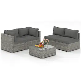 Gymax - 5PCS Patio Sectional Sofa Couch PE Rattan Conversation Set Outdoor - Gray