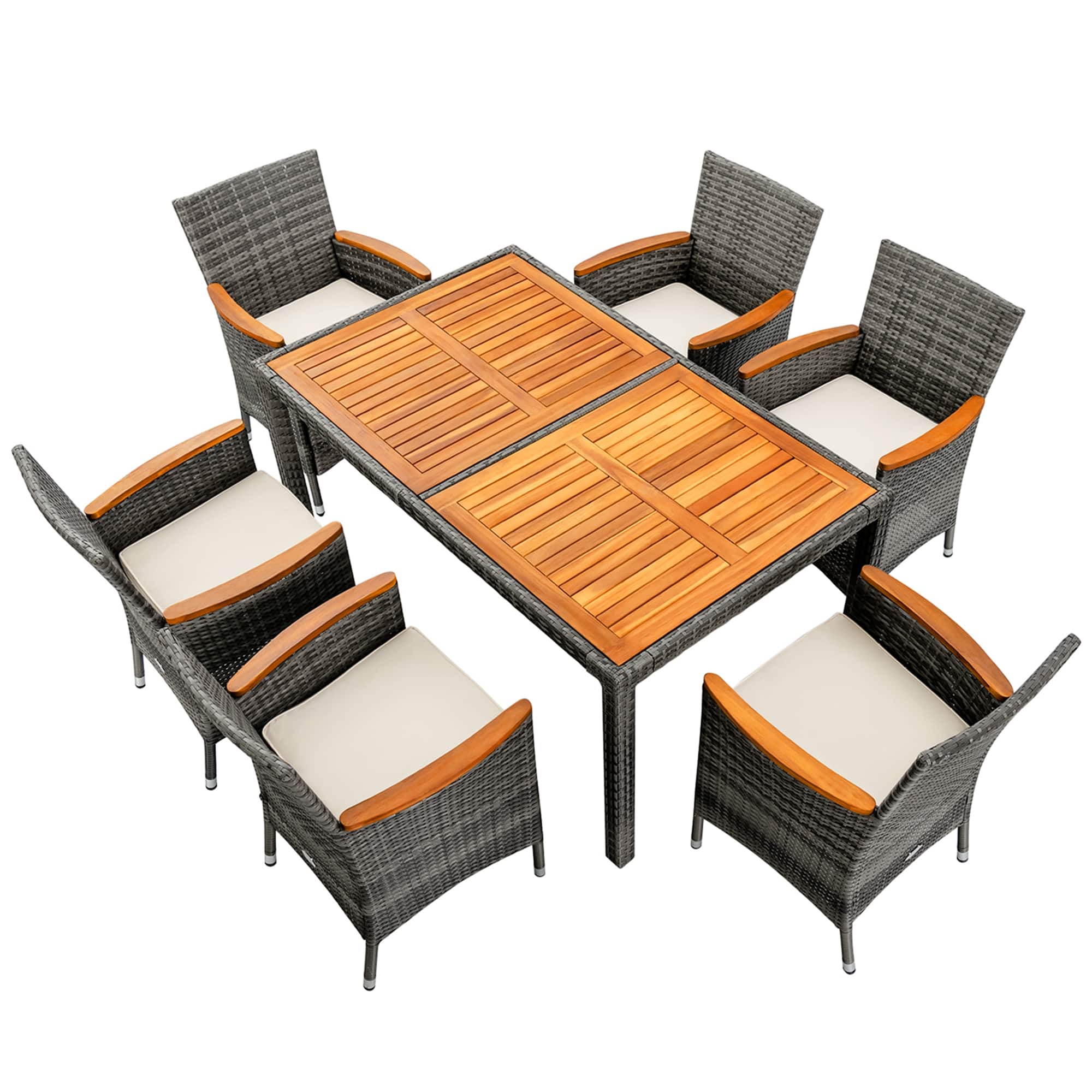 Angle. Costway - 7PCS Patio Rattan Dining Set Acacia Wood Table Cushioned Chair - Gray, Natural.