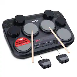 Pyle - Electronic Tabletop Drum Pad Set - Compact Portable Drum Kit w/ 8 Touch Sensitive Drum Pads and Pedals, 600 Sounds - Black
