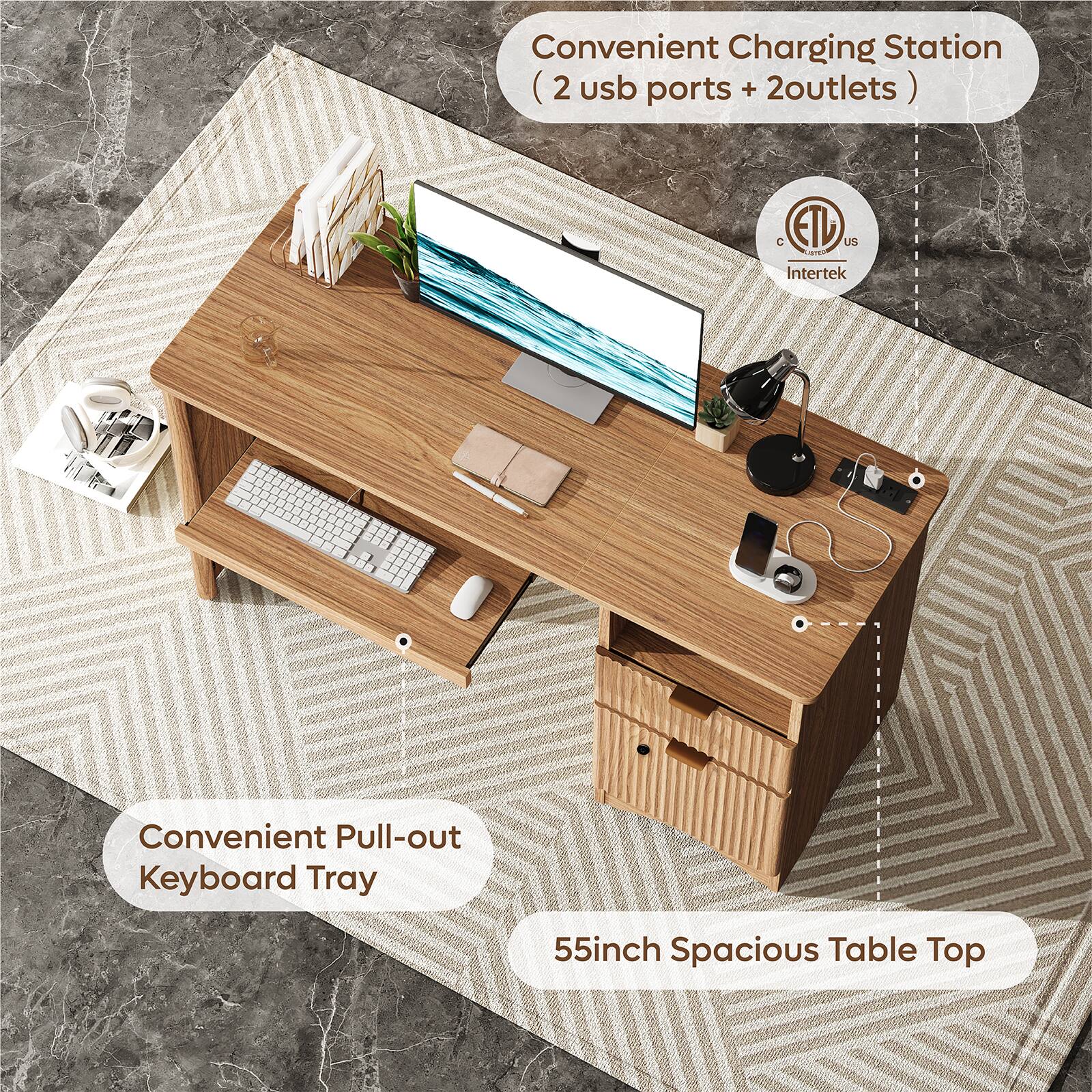 Convenient Charging Station (2 usb ports + 2 outlets)  
Convenient Pull-out Keyboard Tray  
55inch Spacious Table Top