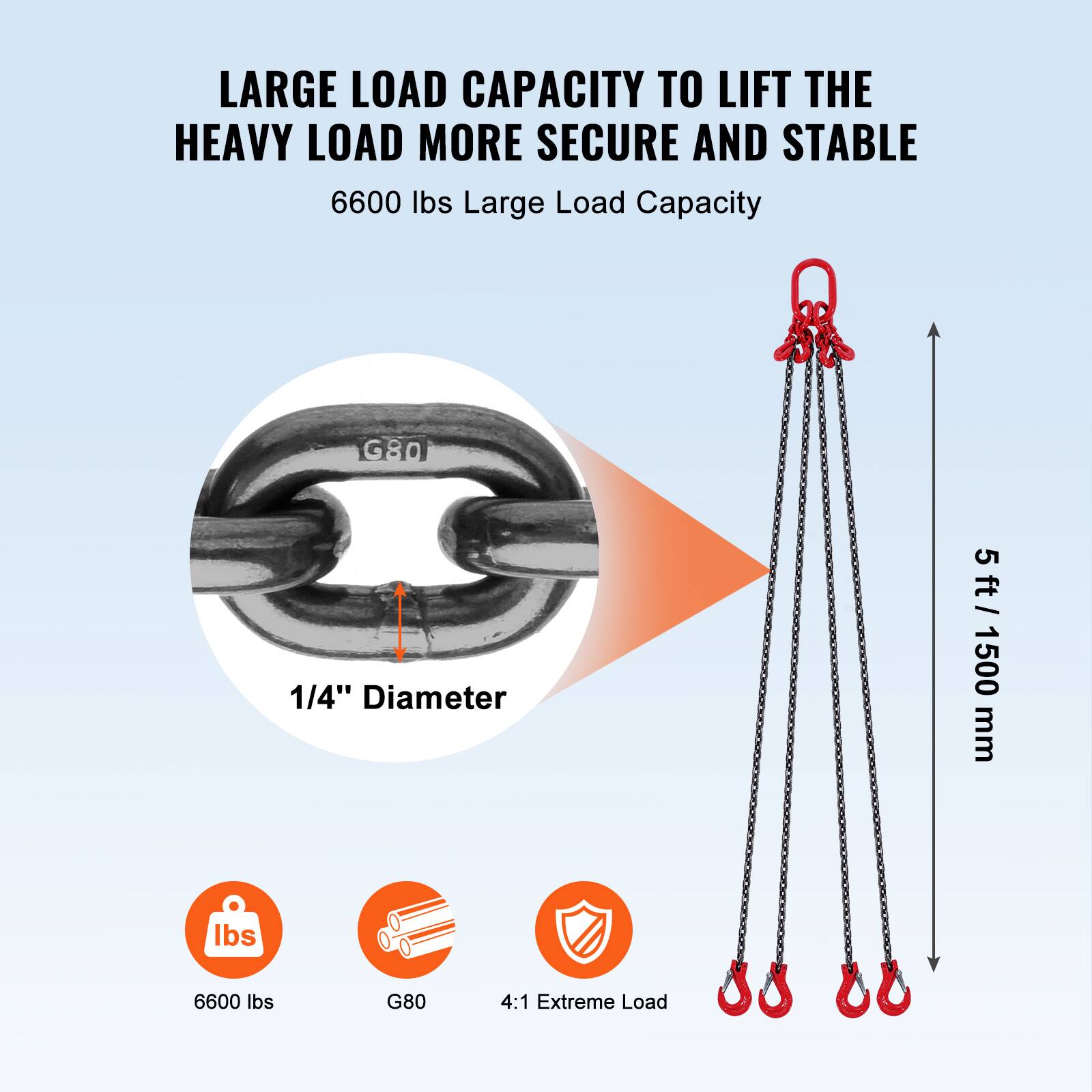 LARGE LOAD CAPACITY TO LIFT THE HEAVY LOAD MORE SECURE AND STABLE

6600 lbs Large Load Capacity

1/4" Diameter

5 ft / 1500 mm

6600 lbs

G80

4:1 Extreme Load