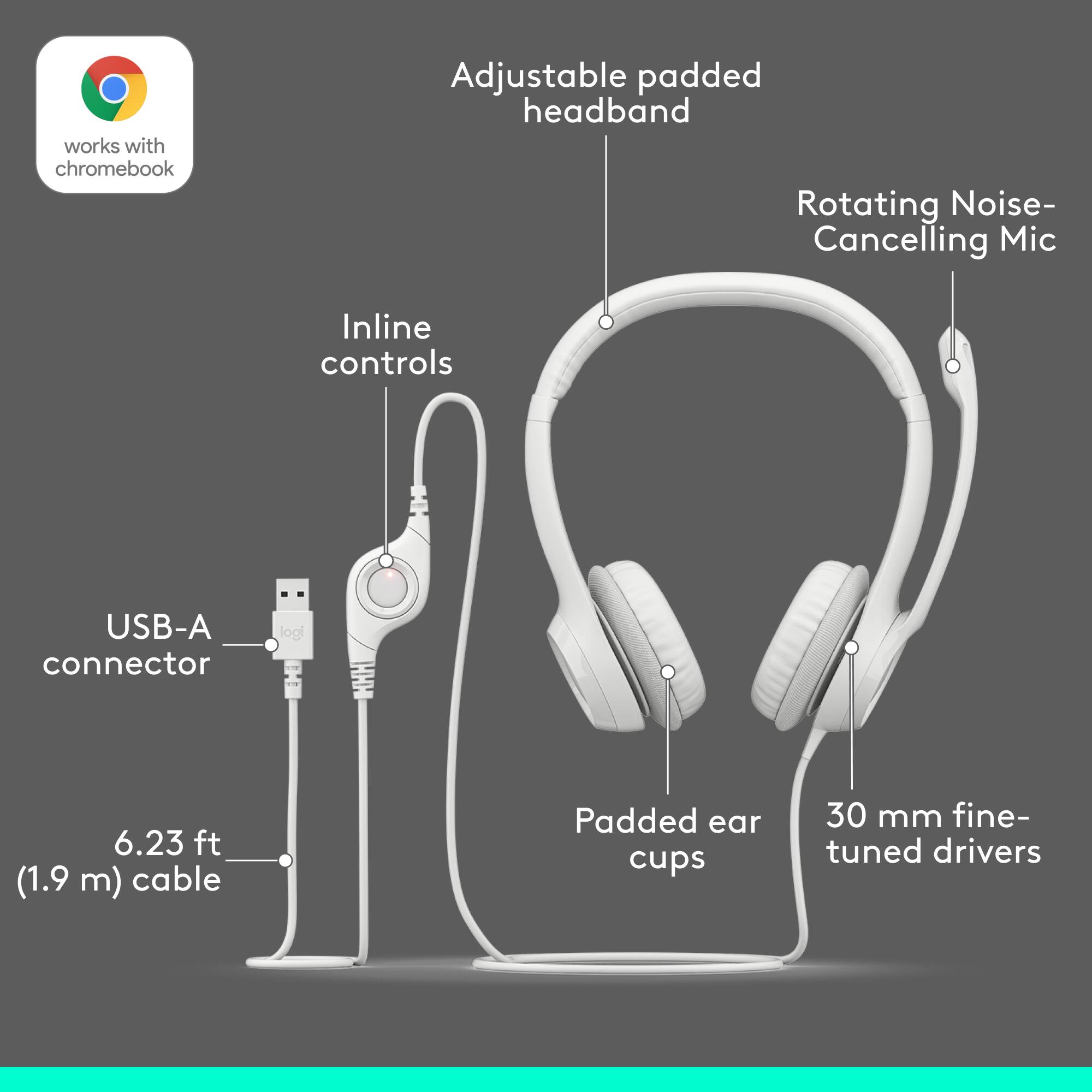 The image features a pair of white headphones with a USB-A connector and inline controls. The headphones have a rotating noise-cancelling mic and adjustable padded headband for added comfort. The headphones also come with a 6.23 ft (1.9 m) cable and padded ear cups for a comfortable listening experience.