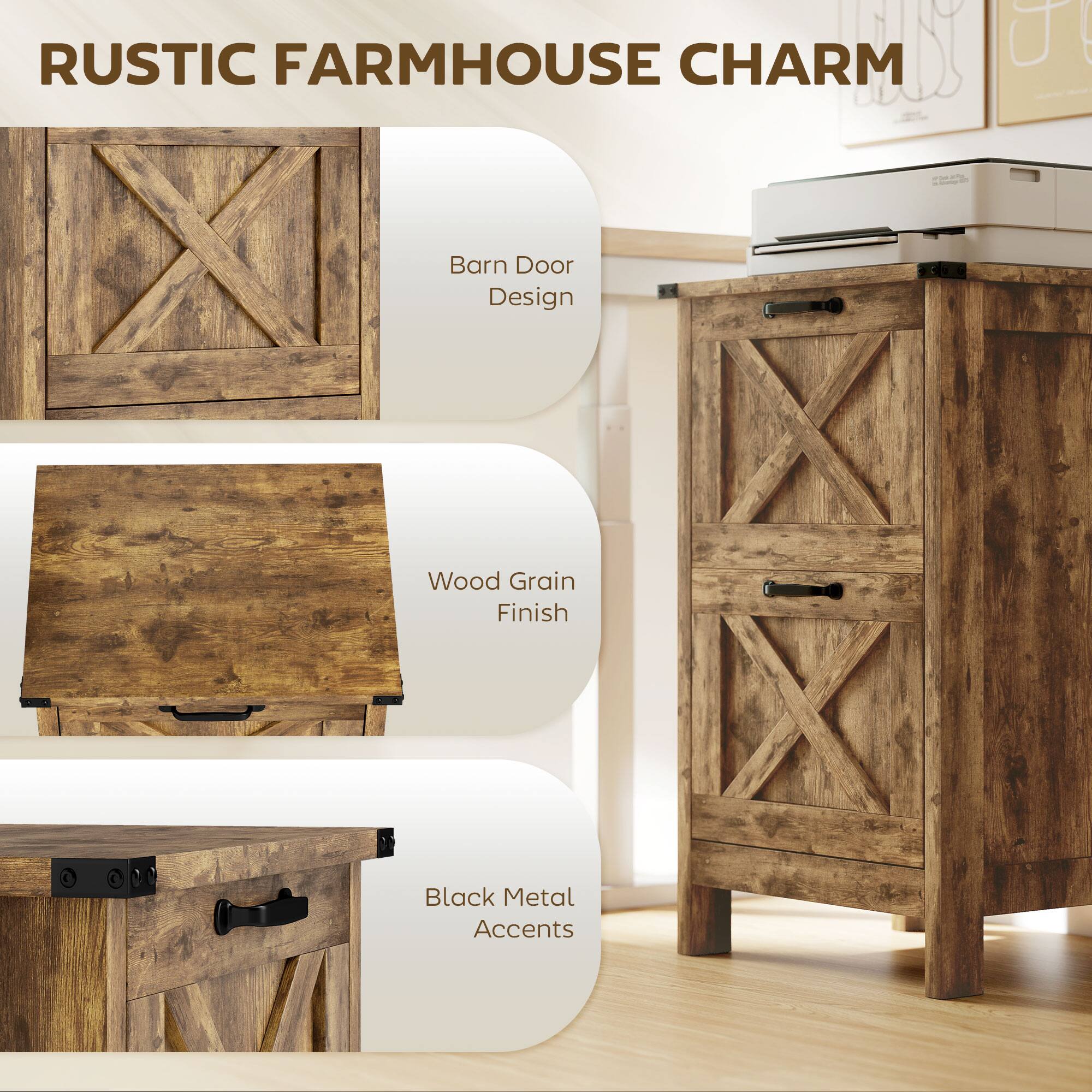 RUSTIC FARMHOUSE CHARM

- Barn Door Design
- Wood Grain Finish
- Black Metal Accents