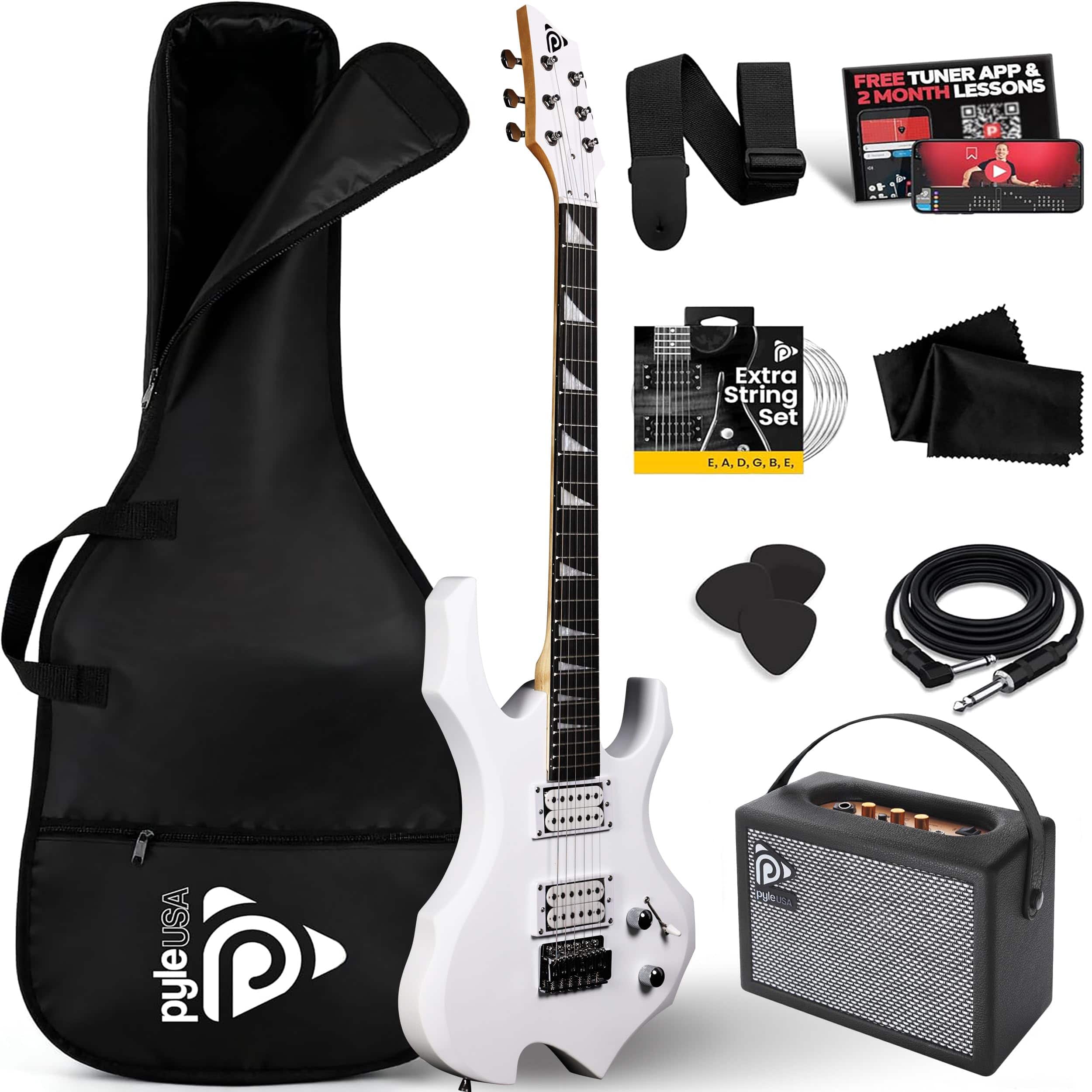 Pyle - Heavy Metal EG Fire Electric Guitar Axe with Amp Kit, Full Size, PMGTRKT101WT - White