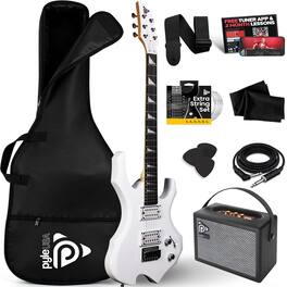Pyle - Heavy Metal EG Fire Electric Guitar Axe with Amp Kit, Full Size, PMGTRKT101WT - White