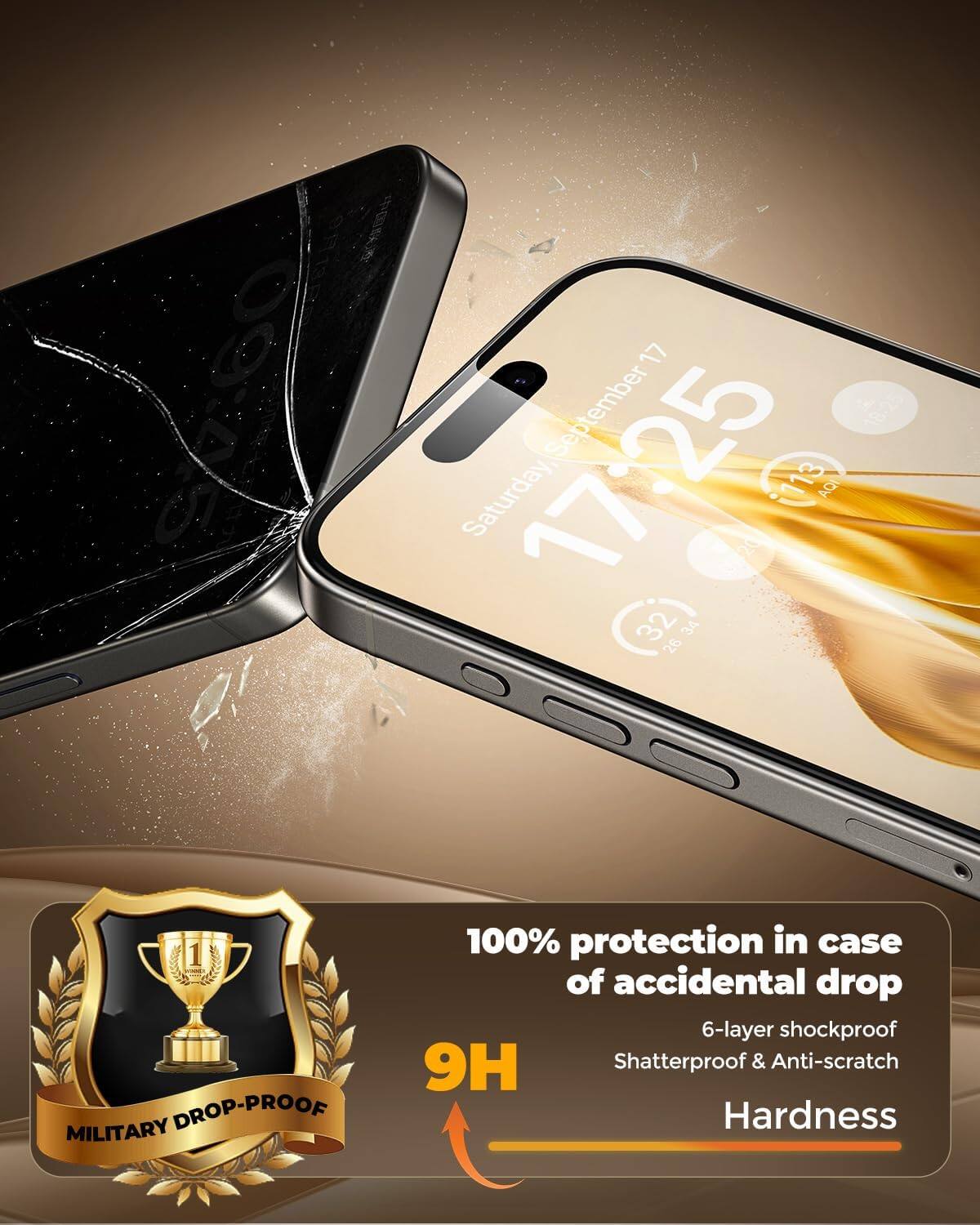 09:45

17 17:25 September Saturday V13 AQI 20 32 26 34

1 MILITARY DROP-PROOF
100% protection in case of accidental drop
6-layer shockproof
9H Shatterproof & Anti-scratch Hardness