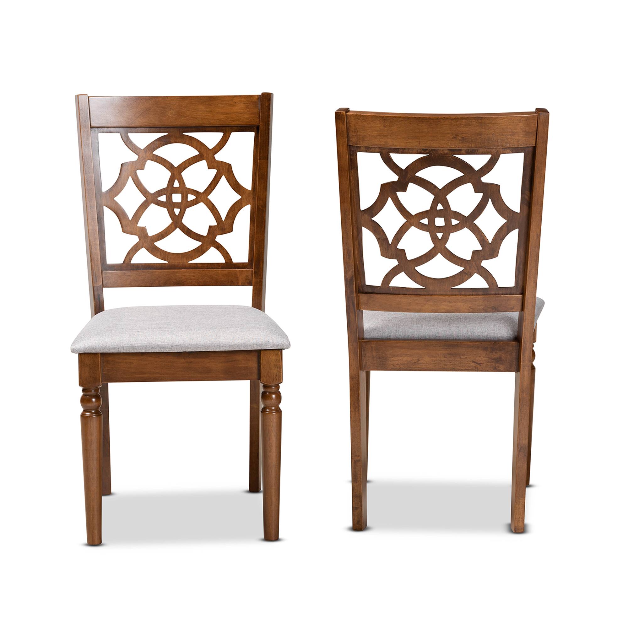 Angle. Baxton Studio - Renaud Modern Fabric Upholstered and Finished Wood 2-Piece Dining Chair Set - Grey/Walnut Brown.