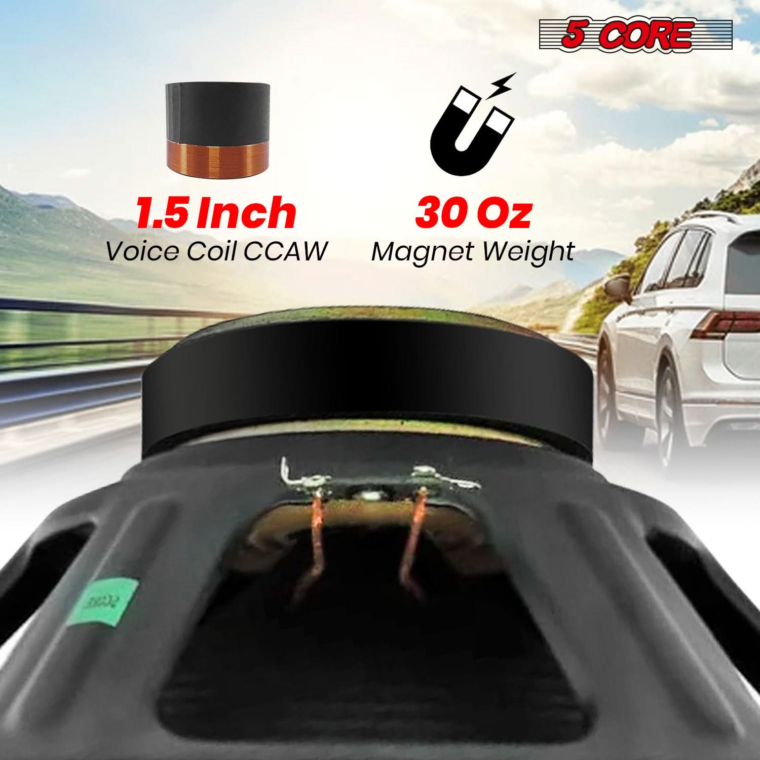 5 CORE

1.5 Inch  
Voice Coil CCAW

30 Oz  
Magnet Weight