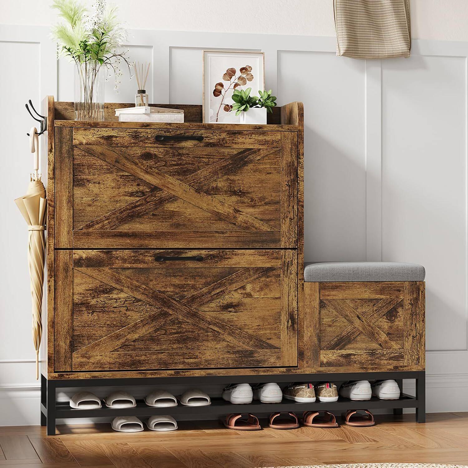 Back. GARVEE - Innovative Shoe Cabinet with 2 Flip Drawers, Compact Hidden Shoe Storage for Entryway, Modern Narrow Shoe Rack,Brown - Brown.