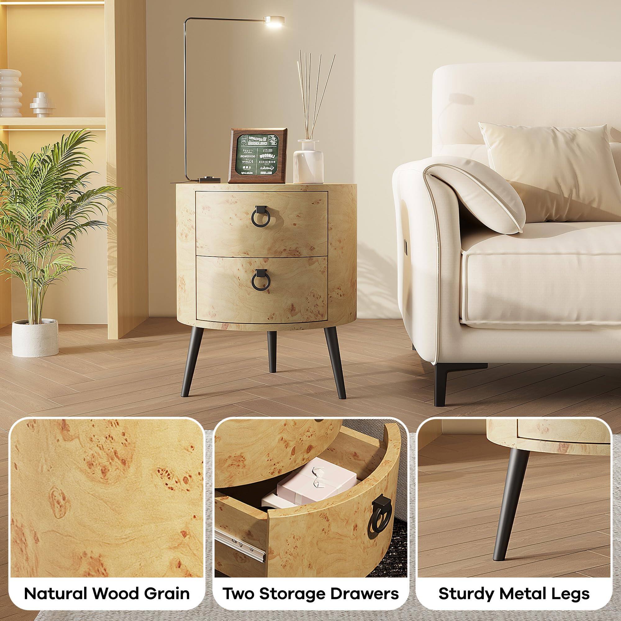 Natural Wood Grain  
Two Storage Drawers  
Sturdy Metal Legs