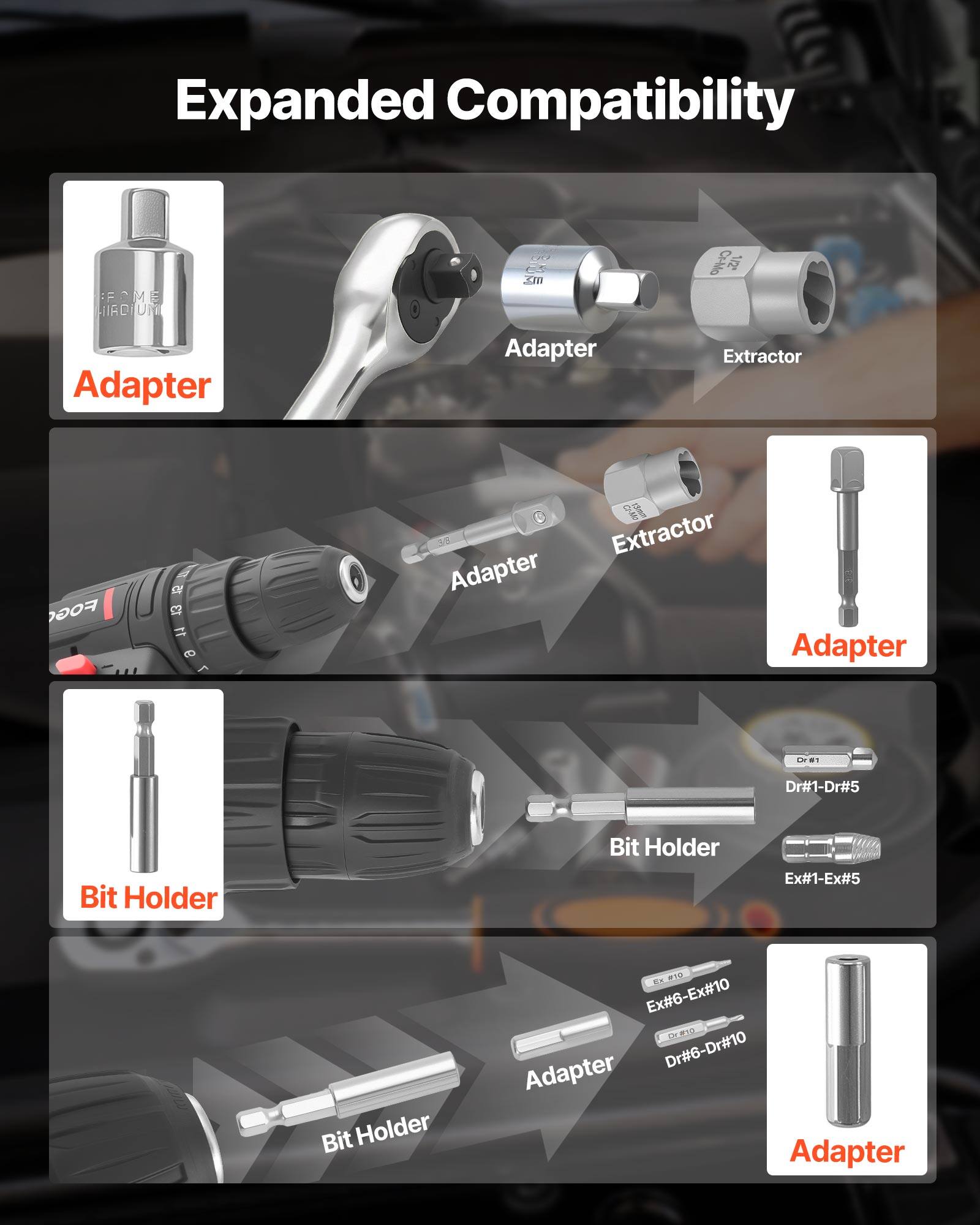 Expanded Compatibility

- Adapter
- Adapter
- Extractor
- Adapter
- Extractor
- Adapter
- Bit Holder
- Bit Holder
- Dr#1-Dr#5
- Ex#1-Ex#5
- Ex#6-Ex#10
- Dr#6-Dr#10
- Adapter