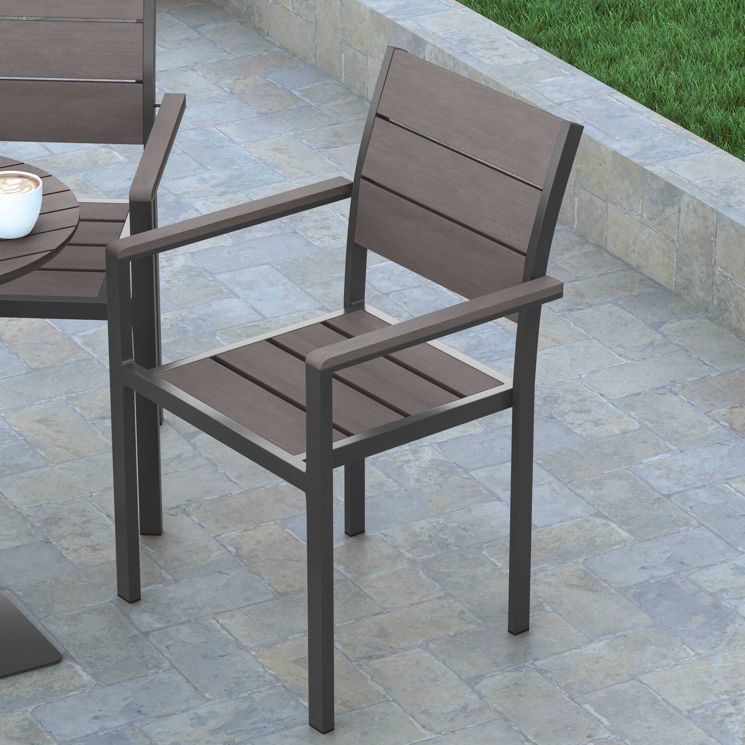 Alt View 3. Emma + Oliver - Fena Outdoor Stacking Side Chair with Faux Teak Poly Slat Seat, Back and Arms and Metal Frame - Gray.