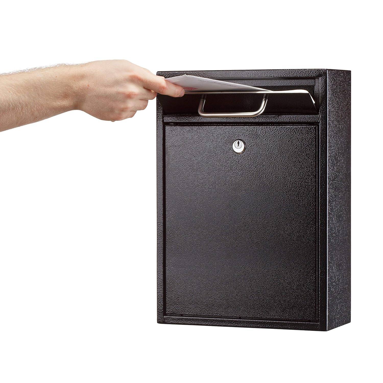 Left. AdirOffice - Safe Large Steel Wall-Mounted Drop Box with Key Lock - Black.