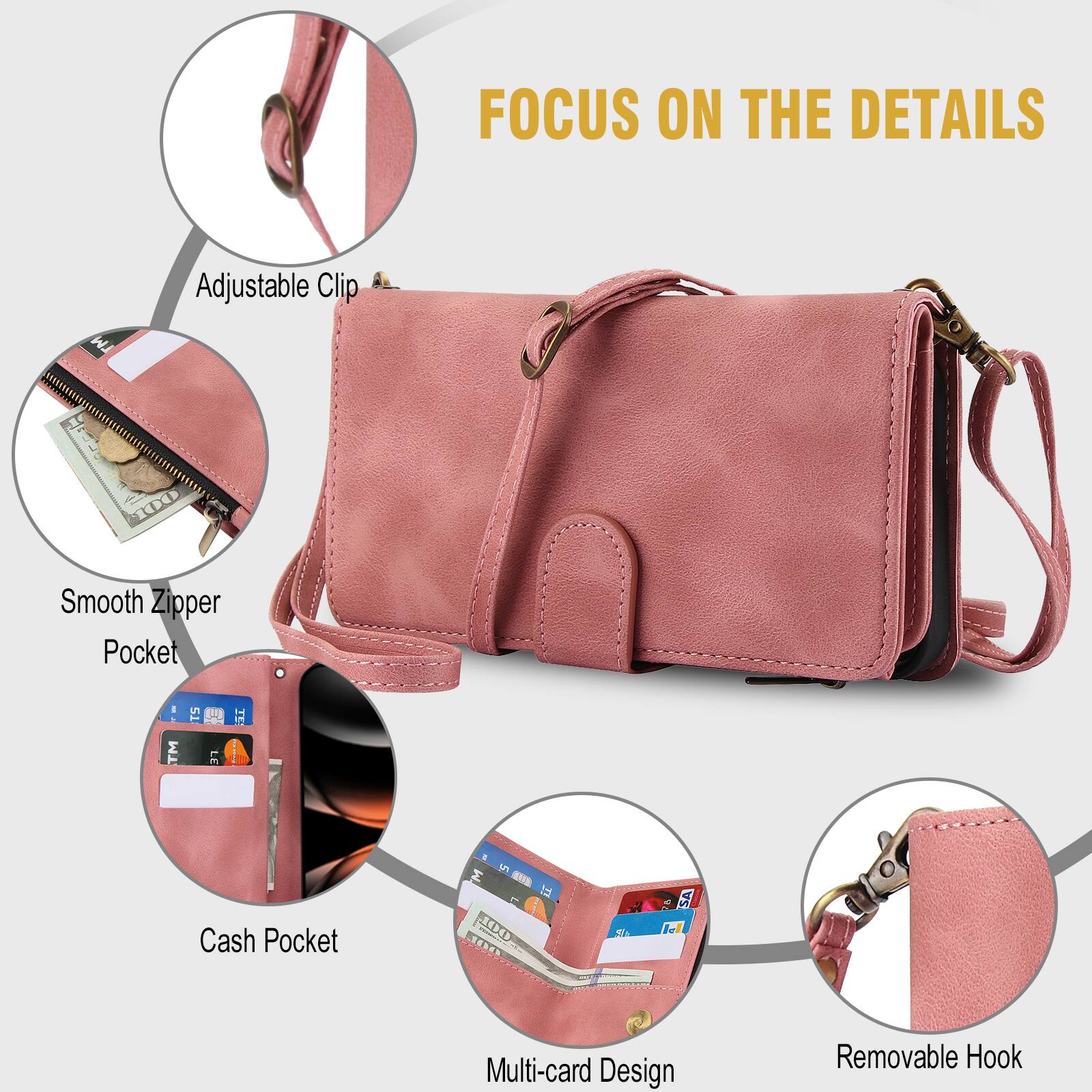 FOCUS ON THE DETAILS

Adjustable Clip

Smooth Zipper Pocket

Cash Pocket

Multi-card Design

Removable Hook