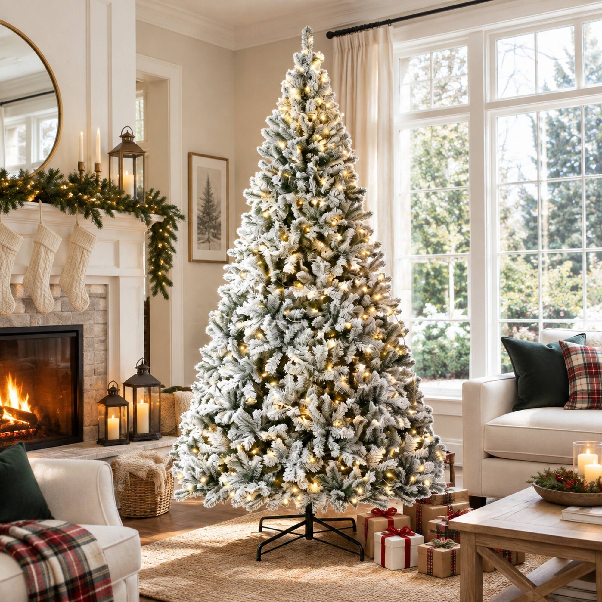 Back. RYHNUYNE - 9FT Pre-Lit Flocked Fraser Fir Christmas Tree With LED Lights and Hinged Branches, Foldable Metal Base - Green.