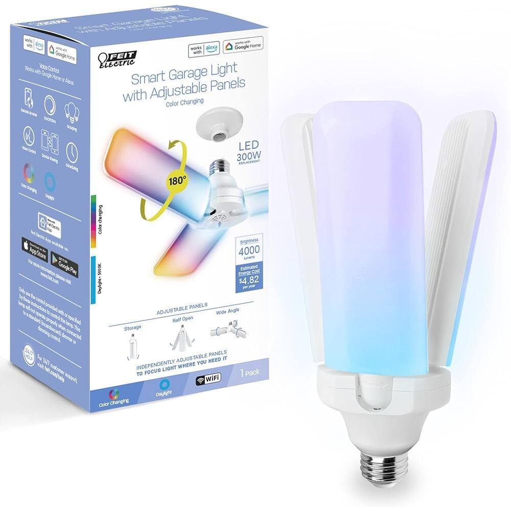 Smart Garage Light with Adjustable Panels and Color Changing

- Works with Google Home and Alexa
- Voice Control
- Wi-Fi Control
- LED 300W
- 4000 Lumens
- 180° Adjustable Panels
- Wide Angle
- Half Open
- Storage
- Daylight
- Independent Adjustable Panels
- WiFi
- Color Changing
- 1 Pack
- $4.82

Features:
- Works with Google Home or Alexa
- Wi-Fi Control
- Color Changing
- 300W LED
- 4000 Lumens
- Easy to Install
- Energy Saving
- 1 Pack

Specifications:
- LED 300W
- 4000 Lumens
- 180° Adjustable Panels
- Wide Angle
- Half Open
- Storage
- Daylight
- Independent Adjustable Panels
- WiFi
- Color Changing

Price: $4.82