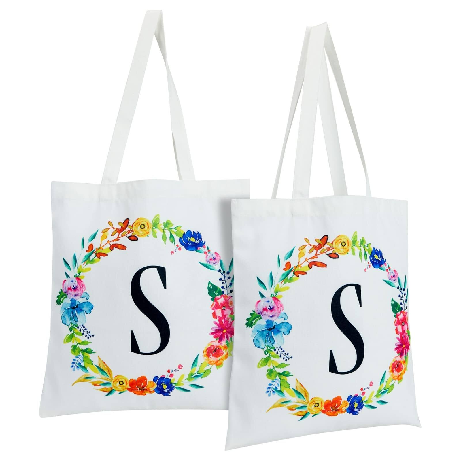 Front. Paradigms Interiors - Set Of 2 Reusable Monogram Letter Personalized Tote Bags For Women Floral 29 Inches - Letter S.