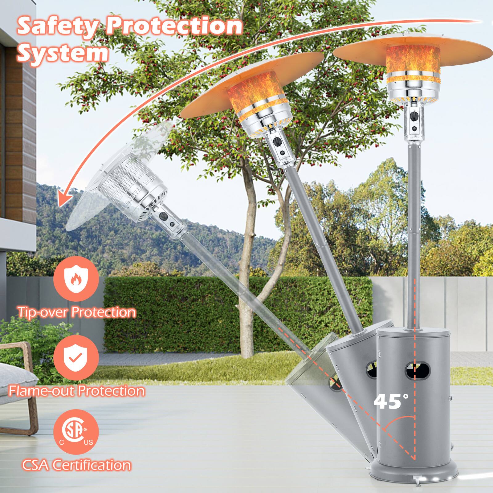 Safety Protection System  
- Tip-over Protection  
- Flame-out Protection  
- CSA Certification