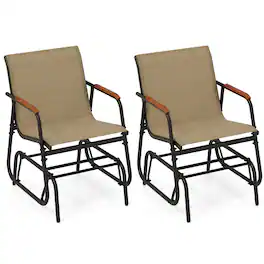 Gymax - Patio Glider Chair Set of 2 w/ Curved Teak Armrests & Breathable Fabric Seat - Black, Brown