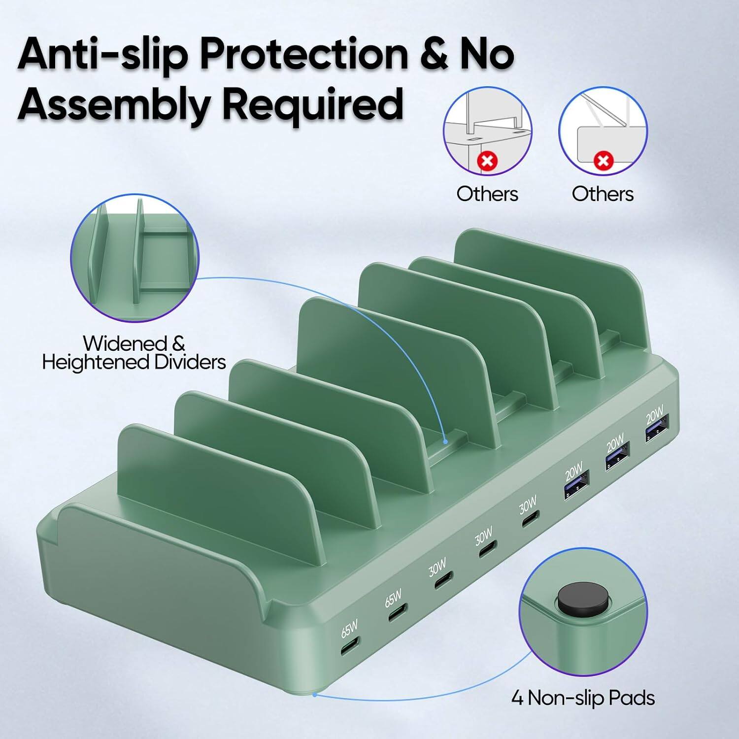 Anti-slip Protection & No Assembly Required

Others
Others

Widened & Heightened Dividers

20W 20W 20W 30W 30W 30W 65W 65W

4 Non-slip Pads