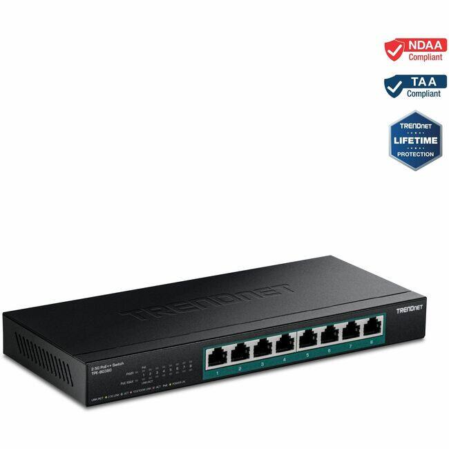 NDAA Compliant  
TAA Compliant  
TRENDNET  
LIFETIME PROTECTION  

TRENDNET  
TPC-805S  
2 Port PoE+ Switch  
1 Port 10/100/1000  
Ports 1-8: 10/100/1000