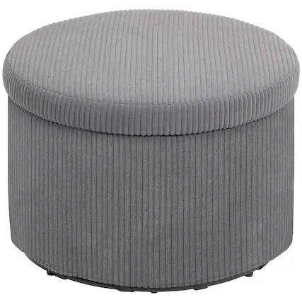 Front. Homcom - Storage Ottoman with Lid, 24 In Round Pouf Ottoman with Storage, Upholstered Corduroy Foot Rest Stool for Living Room - Grey.