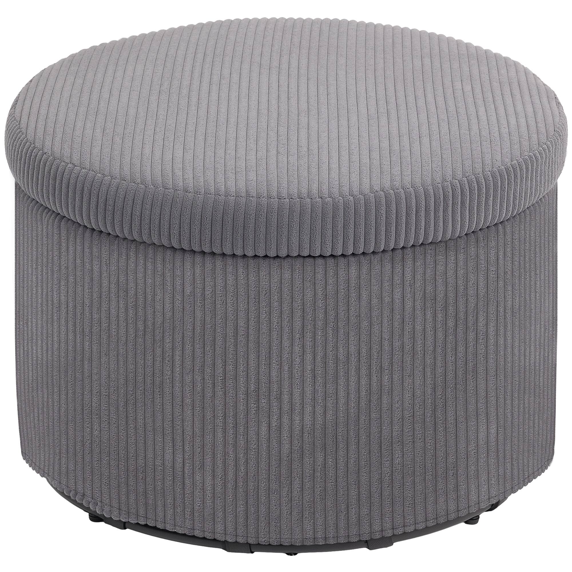Front. Homcom - Storage Ottoman with Lid, 24 In Round Pouf Ottoman with Storage, Upholstered Corduroy Foot Rest Stool for Living Room - Grey.
