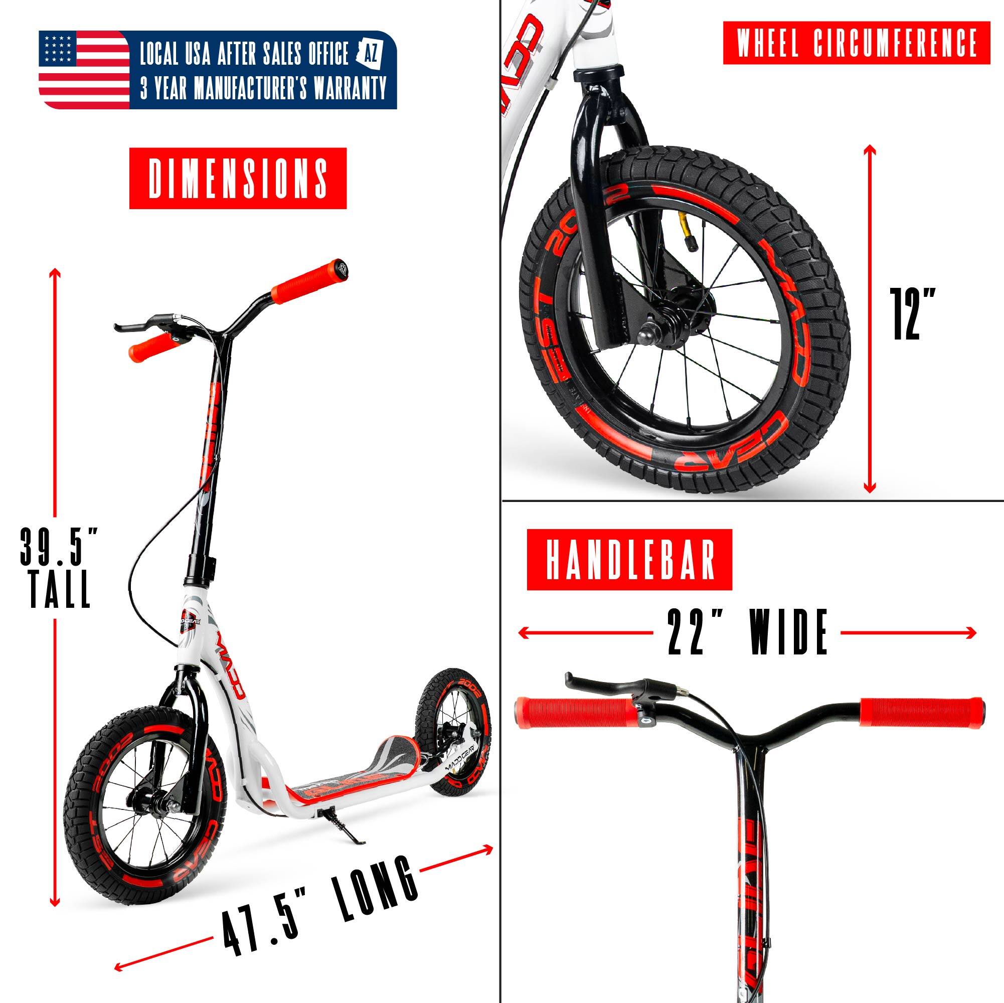 LOCAL USA AFTER SALES OFFICE  
3 YEAR MANUFACTURER'S WARRANTY  

DIMENSIONS  
- WHEEL CIRCUMFERENCE: 12"  
- TALL: 39.5"  
- LONG: 47.5"  
- HANDLEBAR: 22" WIDE