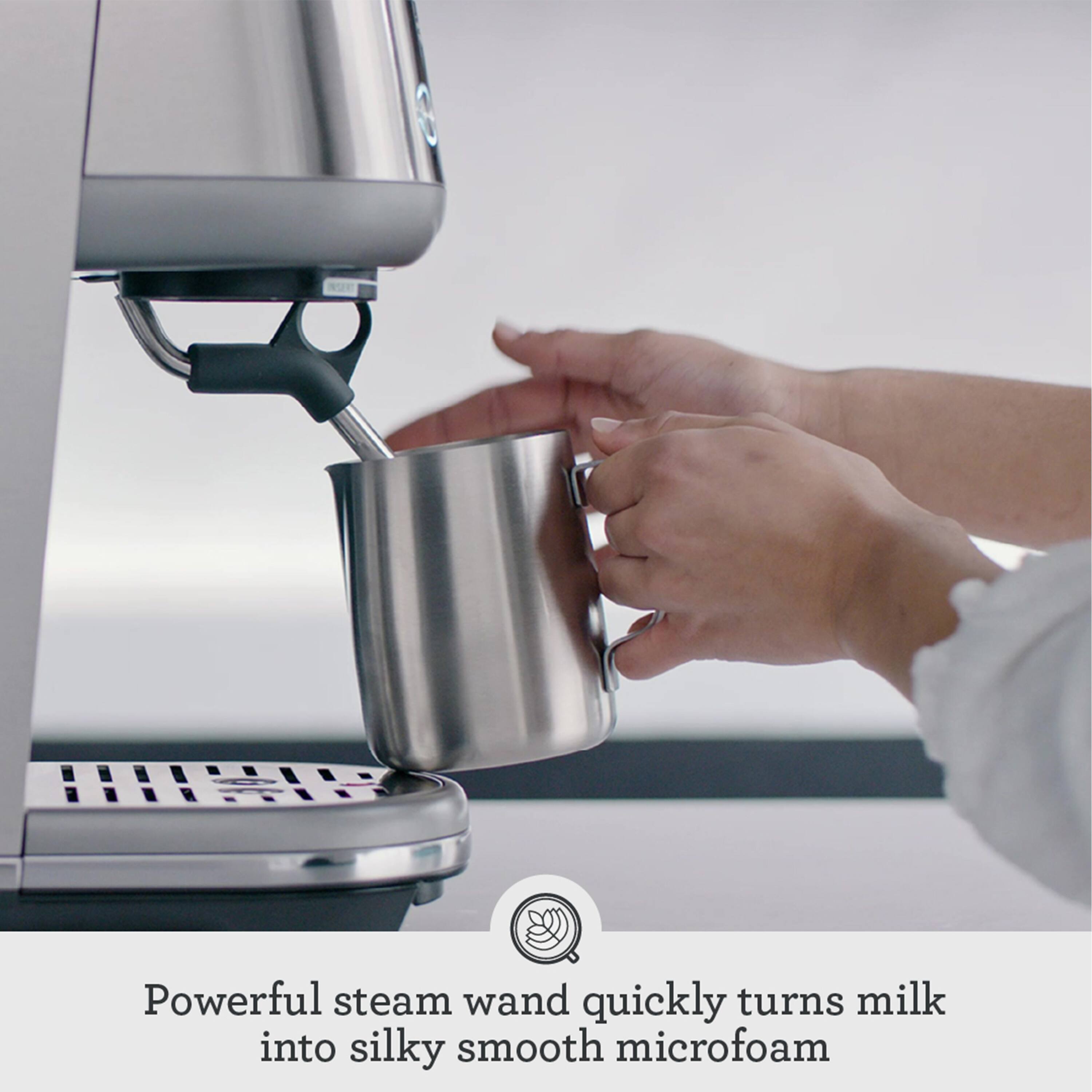 Powerful steam wand quickly turns milk into silky smooth microfoam
