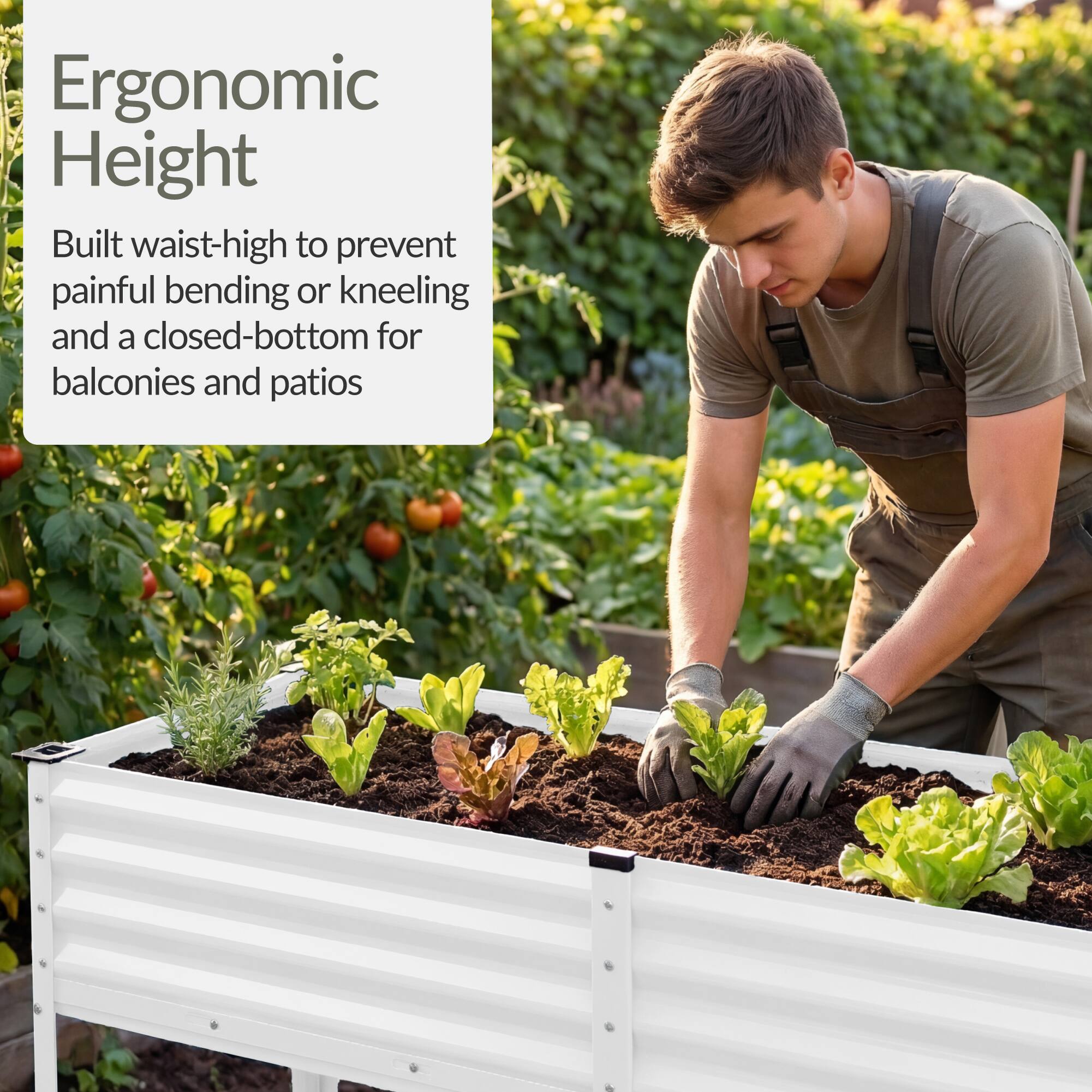 Ergonomic Height

Built waist-high to prevent painful bending or kneeling and a closed-bottom for balconies and patios